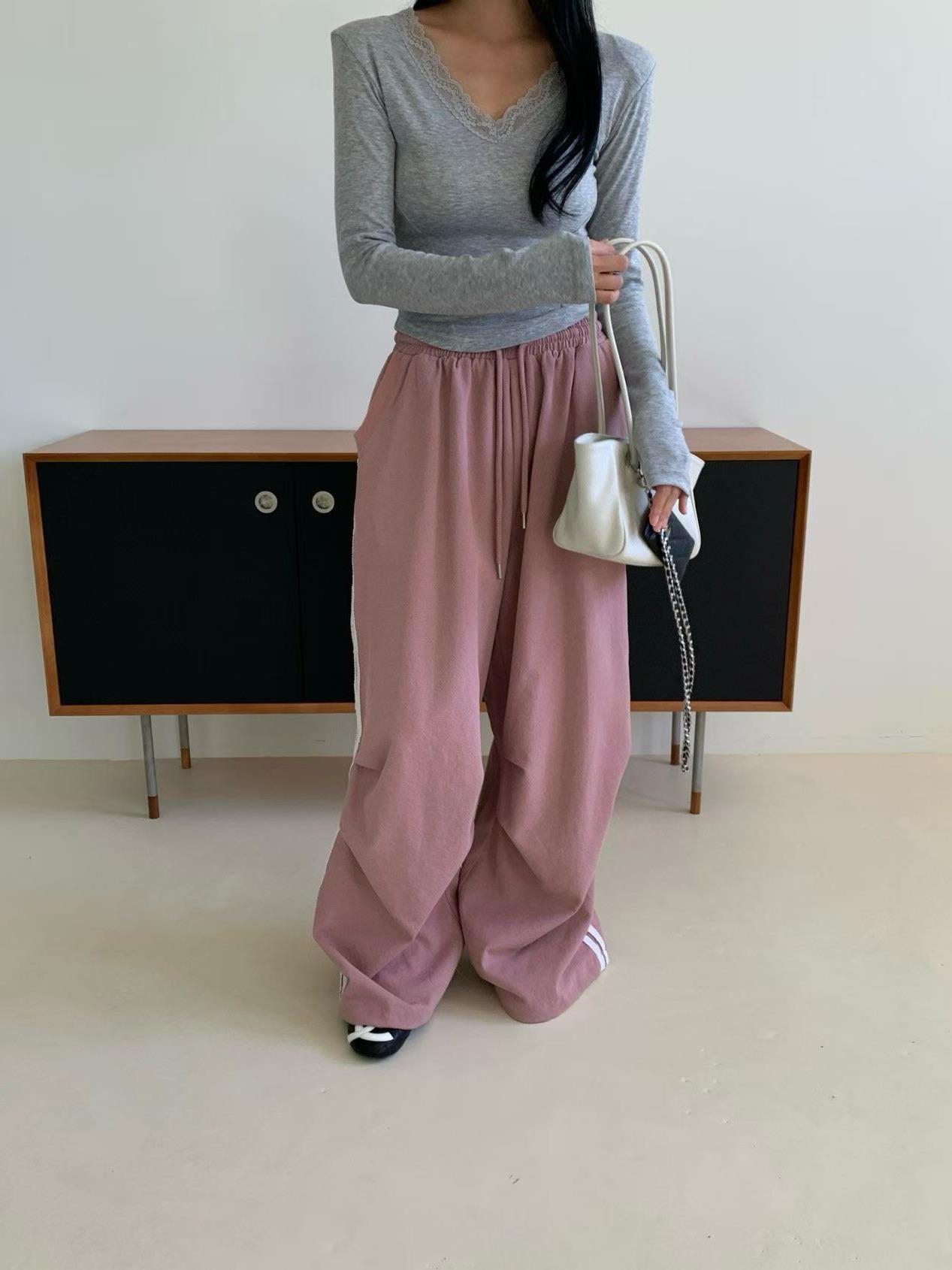 蕾絲條紋工作褲